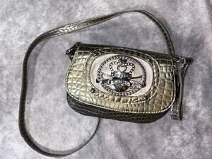 Kathy Van Zeeland Y2K Mini Crossbody Purse Metallic Bronze Faux Croc Rhinestone